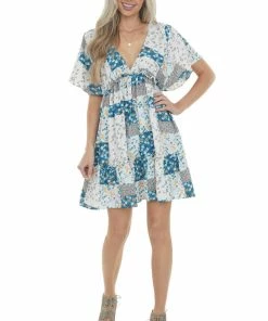 Umgee Sea Blue Patchwork Floral Babydoll Short Dress Dresses