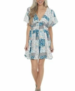 Umgee Sea Blue Patchwork Floral Babydoll Short Dress Dresses