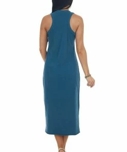 HYFVE Sea Blue Ribbed Trim Sleeveless Knit Midi Dress
