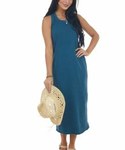 HYFVE Sea Blue Ribbed Trim Sleeveless Knit Midi Dress