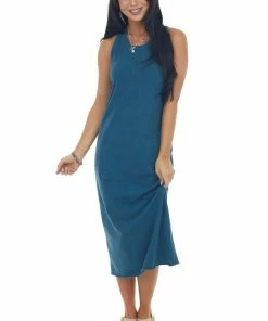 HYFVE Sea Blue Ribbed Trim Sleeveless Knit Midi Dress
