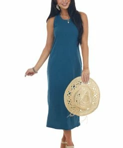 HYFVE Sea Blue Ribbed Trim Sleeveless Knit Midi Dress