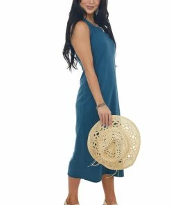 HYFVE Sea Blue Ribbed Trim Sleeveless Knit Midi Dress