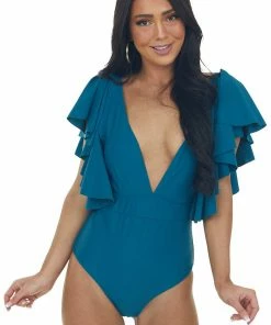 Davi & Dani Sea Blue Ruffle Sleeve Plunging Neck Swimsuit