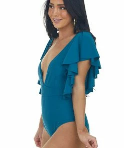 Davi & Dani Sea Blue Ruffle Sleeve Plunging Neck Swimsuit