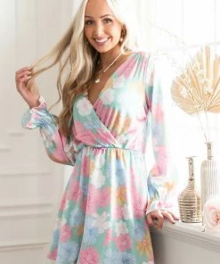 Peach Love Seafoam Floral Print Surplice Satin Short Dress Dresses