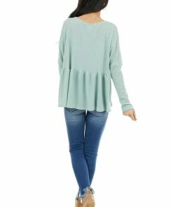 Style Melody Seafoam Henley Oversized Long Sleeve Babydoll Knit Top Tops
