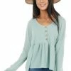 Style Melody Seafoam Henley Oversized Long Sleeve Babydoll Knit Top Tops