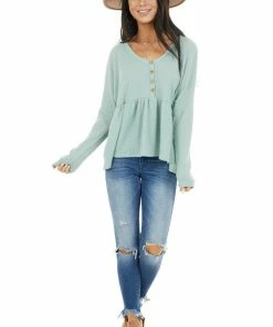 Style Melody Seafoam Henley Oversized Long Sleeve Babydoll Knit Top Tops