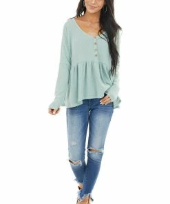 Style Melody Seafoam Henley Oversized Long Sleeve Babydoll Knit Top Tops