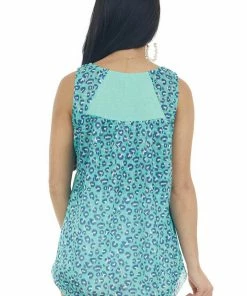 Umgee Seafoam Leopard Contrast Babydoll Tank Top Tops