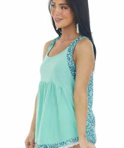 Umgee Seafoam Leopard Contrast Babydoll Tank Top Tops