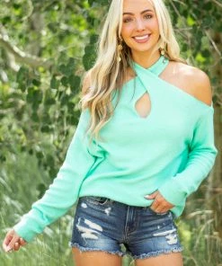 Lime Lush Seafoam Long Sleeve Halter Neck Lightweight Sweater Tops