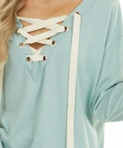 BiBi Seafoam Long Sleeve Top With Lace Up Deep V Neckline Tops 25 BiBi Seafoam Long Sleeve Top With Lace Up Deep V Neckline Tops
