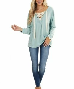 BiBi Seafoam Long Sleeve Top With Lace Up Deep V Neckline Tops 21 BiBi Seafoam Long Sleeve Top With Lace Up Deep V Neckline Tops