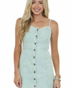 She + Sky Seafoam Mineral Wash Button Up Denim Dress