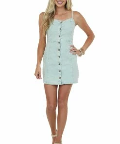 She + Sky Seafoam Mineral Wash Button Up Denim Dress
