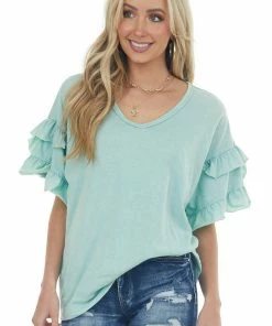 Easel Seafoam Mineral Wash V Neck Ruffle Sleeve Top