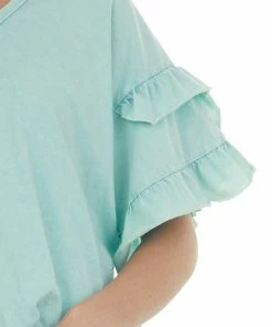 Easel Seafoam Mineral Wash V Neck Ruffle Sleeve Top