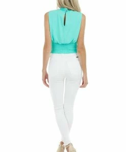 She + Sky Seafoam Sleeveless Smocked Mock Neck Top With Smocked Waist