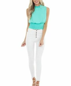 She + Sky Seafoam Sleeveless Smocked Mock Neck Top With Smocked Waist