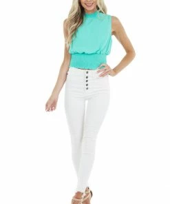 She + Sky Seafoam Sleeveless Smocked Mock Neck Top With Smocked Waist