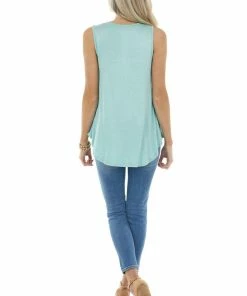 My Story Seafoam Sleeveless Stretchy Knit Top With Cut Out Detail