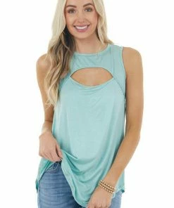 My Story Seafoam Sleeveless Stretchy Knit Top With Cut Out Detail