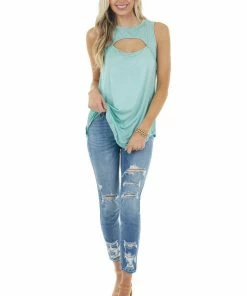 My Story Seafoam Sleeveless Stretchy Knit Top With Cut Out Detail