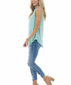 My Story Seafoam Sleeveless Stretchy Knit Top With Cut Out Detail