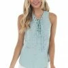 CY Fashion Tops Seafoam Sleeveless Top With Front Tie And Distressed Holes