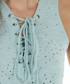 CY Fashion Tops Seafoam Sleeveless Top With Front Tie And Distressed Holes 25 CY Fashion Tops Seafoam Sleeveless Top With Front Tie And Distressed Holes