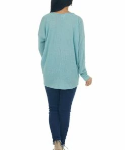 143 Story Seafoam Striped U Neck Long Sleeve Knit Top Tops