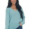 143 Story Seafoam Striped U Neck Long Sleeve Knit Top Tops