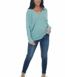 143 Story Seafoam Striped U Neck Long Sleeve Knit Top Tops