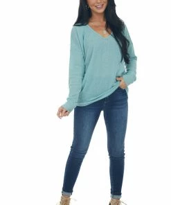 143 Story Seafoam Striped U Neck Long Sleeve Knit Top Tops