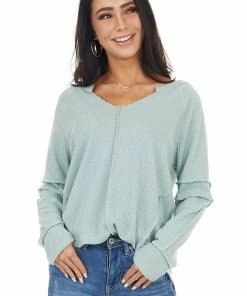143 Story Tops Seafoam Waffle Knit Notch Neck Top With Reverse Seam Details