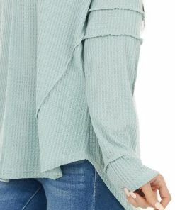 143 Story Tops Seafoam Waffle Knit Notch Neck Top With Reverse Seam Details