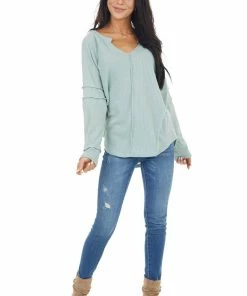 143 Story Tops Seafoam Waffle Knit Notch Neck Top With Reverse Seam Details