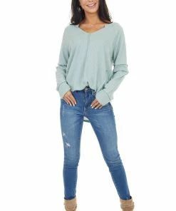 143 Story Tops Seafoam Waffle Knit Notch Neck Top With Reverse Seam Details