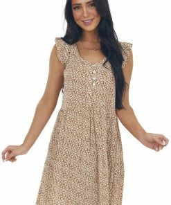 Ces Femme Dresses Sepia Ditsy Floral Ruffle Cap Sleeve Dress