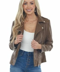 Coalition Outerwear Sepia Faux Leather Lapel Collared Moto Jacket