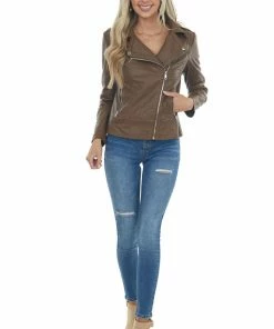 Coalition Outerwear Sepia Faux Leather Lapel Collared Moto Jacket