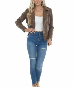 Coalition Outerwear Sepia Faux Leather Lapel Collared Moto Jacket
