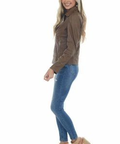 Coalition Outerwear Sepia Faux Leather Lapel Collared Moto Jacket