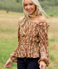 Hayden Sepia Floral Print Long Sleeve Pleated Blouse