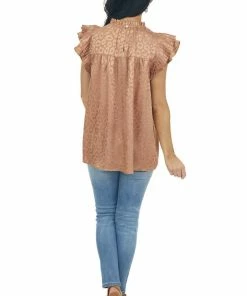 Jodifl Sepia Metallic Leopard Pleated Sleeve Yoke Top Tops