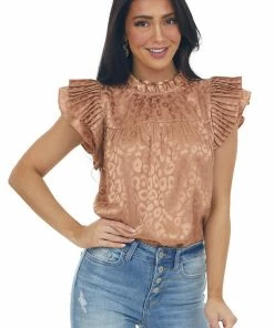 Jodifl Sepia Metallic Leopard Pleated Sleeve Yoke Top Tops