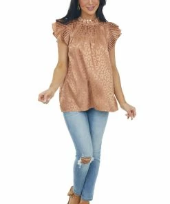 Jodifl Sepia Metallic Leopard Pleated Sleeve Yoke Top Tops