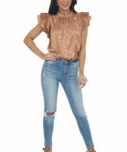 Jodifl Sepia Metallic Leopard Pleated Sleeve Yoke Top Tops